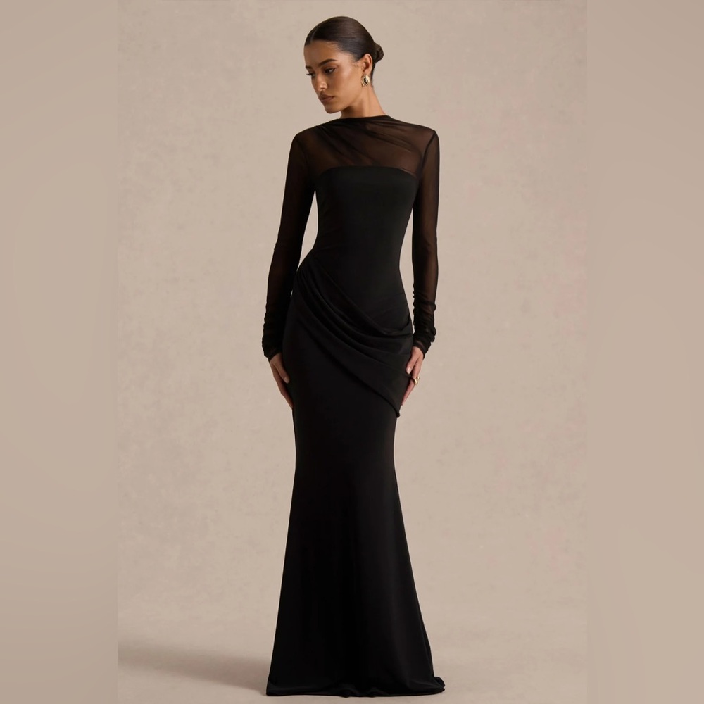 Club L London DEEMA Black Jersey And Mesh High Neck Maxi Dress size US 4 NWT
